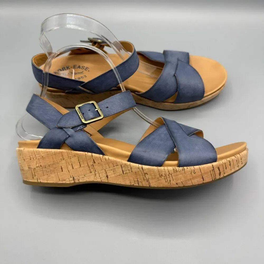 Kork-Ease Myrna Wedge Sandals Women's Blue Leather Platform Cork Size 11M